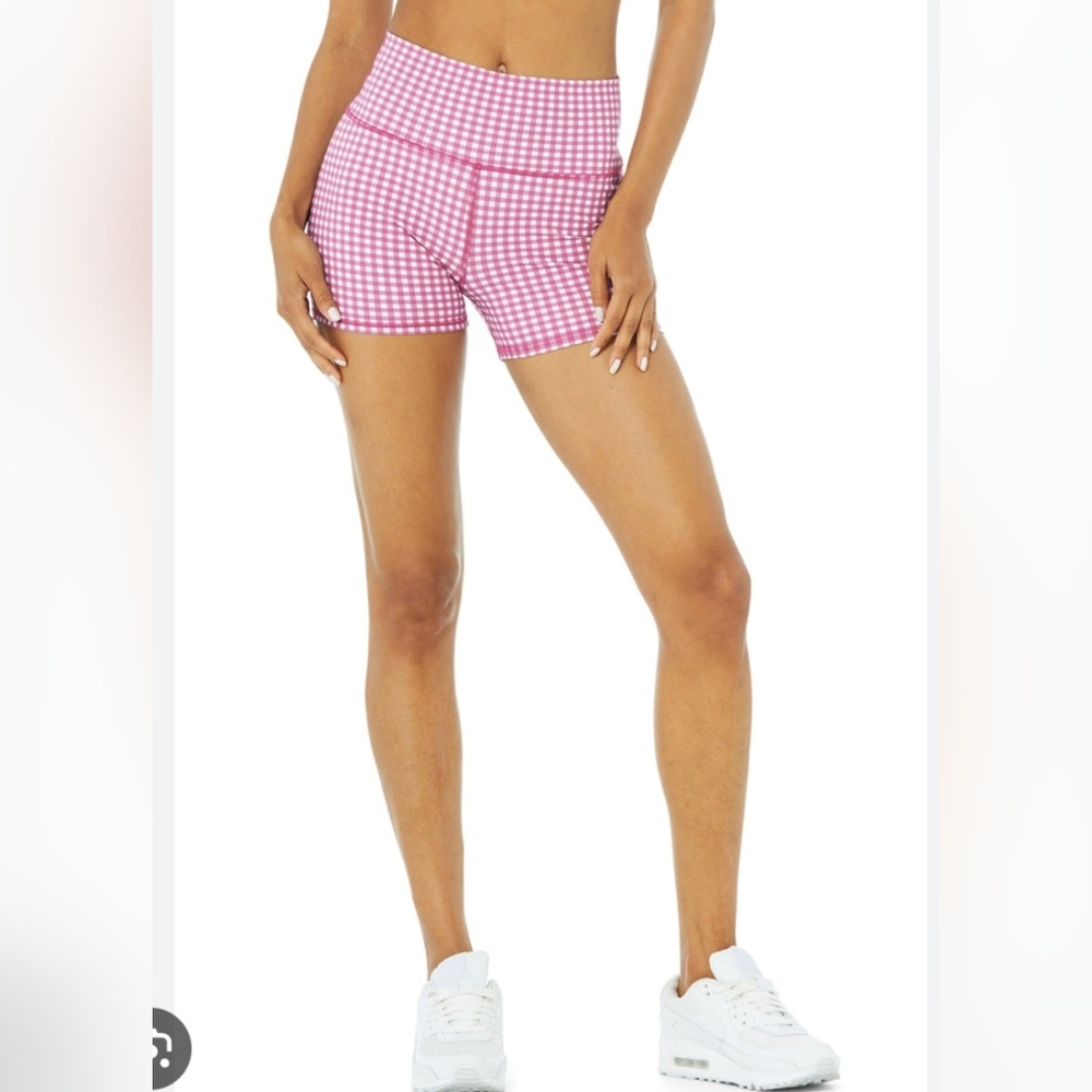 Alo Yoga Vapor High-Waist Gingham Bike Short Raspberry Sorbet Small NWT